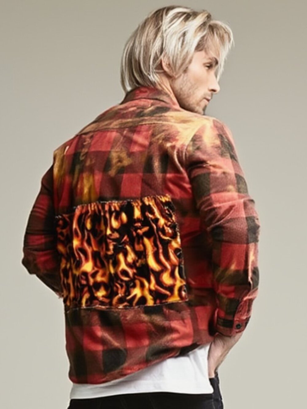 Biker Flames Red Black Watch Plaid Flannel Shirt Lumberjack Medium Skate Punk